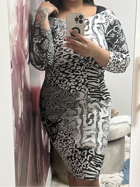 Black & White Animal-Print Midi Bodycon Dress - Women